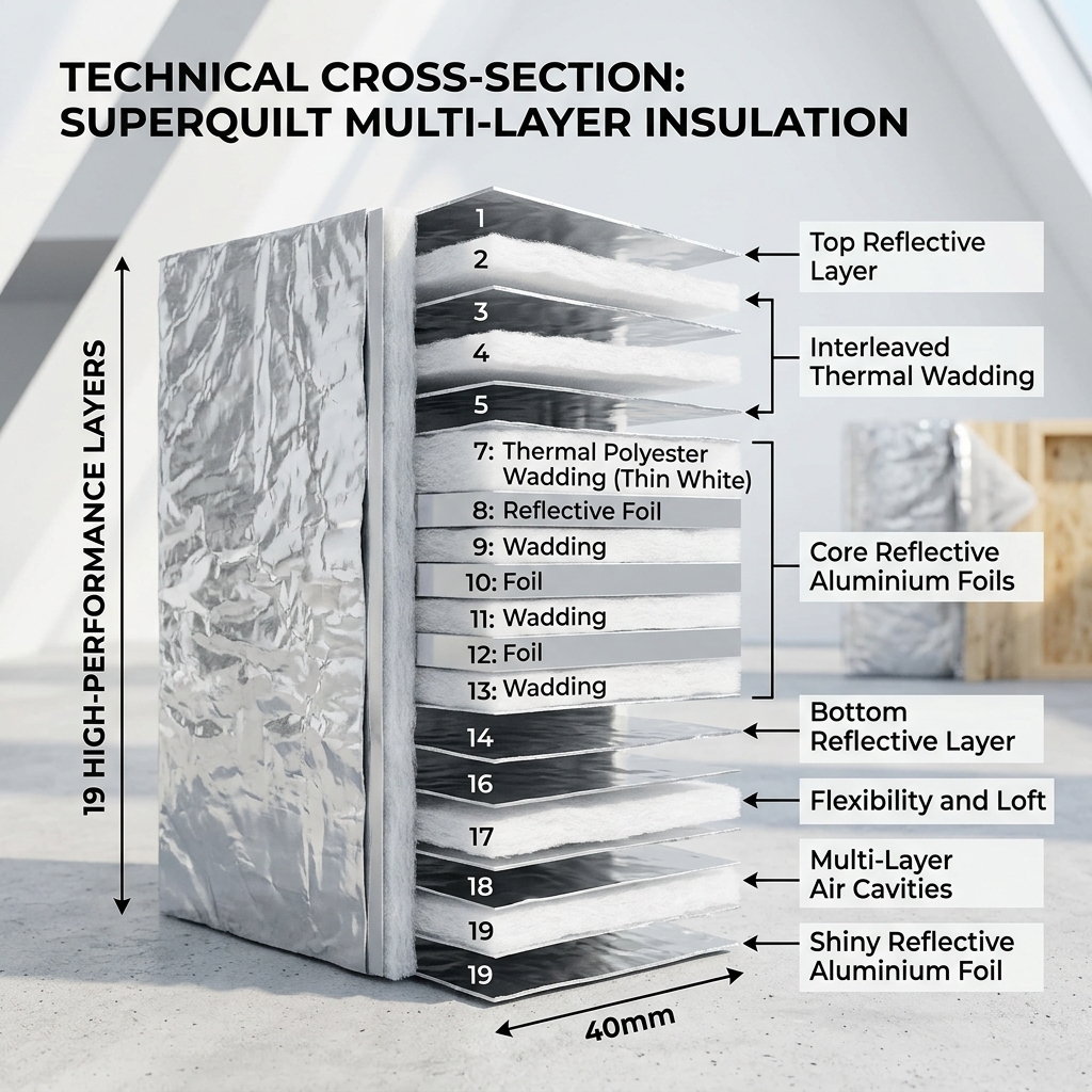 Technical cross-section diagram of YBS SuperQuilt Multi-Layer Insulation showing the 19 layers
